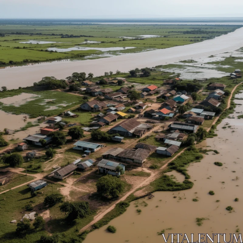 Captivating Aerial View of a Village Amidst Floodwaters AI Image