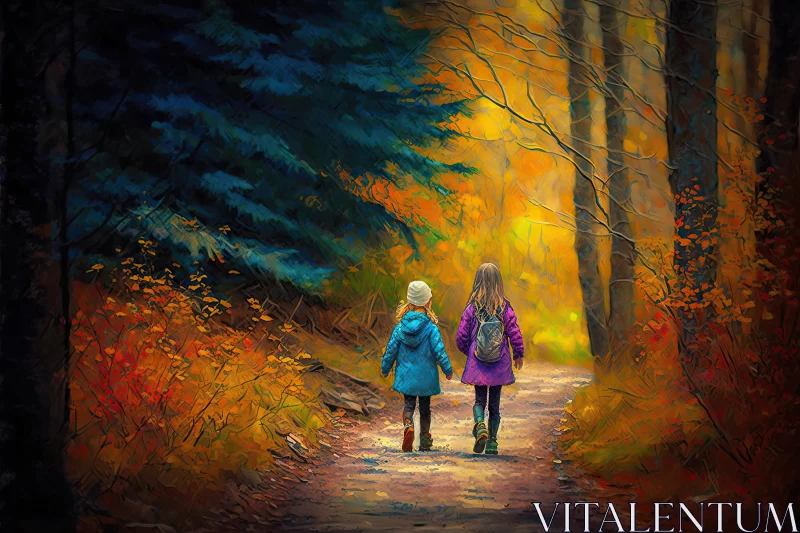 Captivating Digital Painting of Kids Walking in a Colorful Forest AI Image