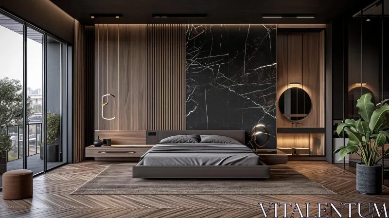 Contemporary Bedroom: Dark Colors, Wood & Marble | Artistic Photo AI Image