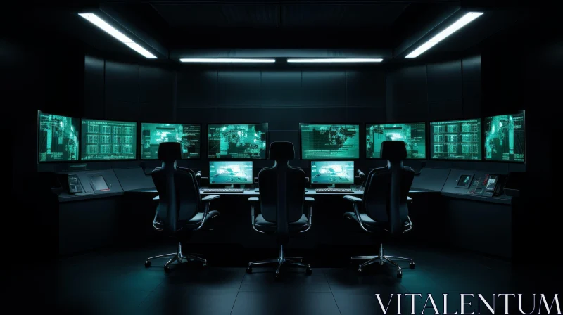 Dark Room with Multiple Computer Monitors AI Image