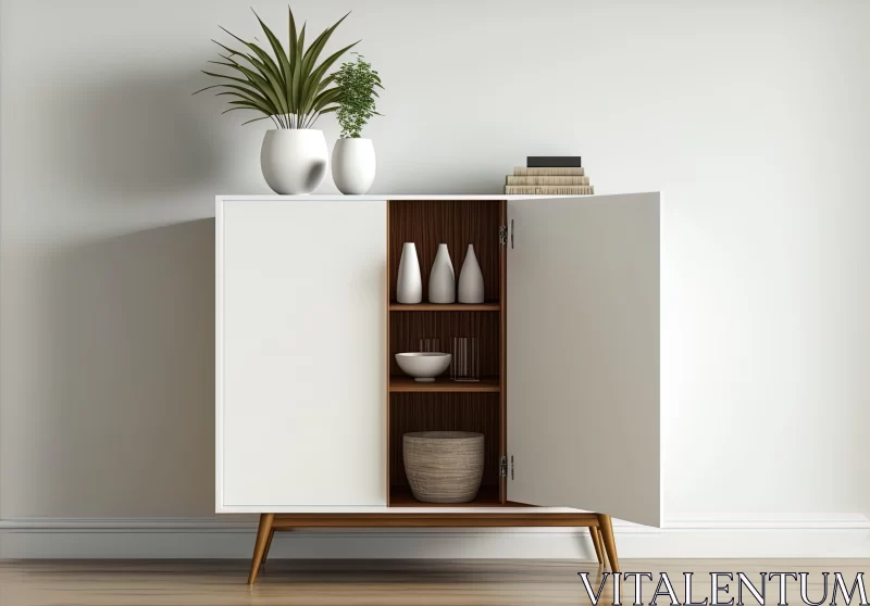 Mid-Century Modern Cabinet with Plants and Vase | Interior Design AI Image