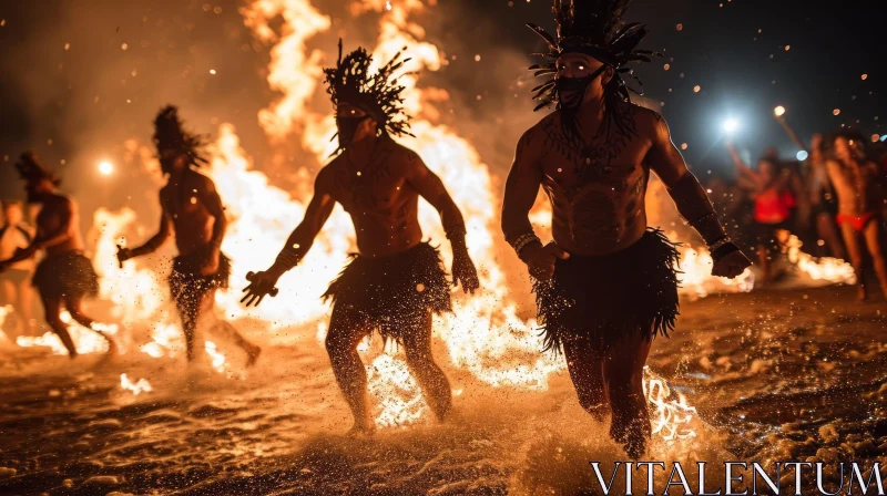 Native American Men Running Through a River of Fire AI Image