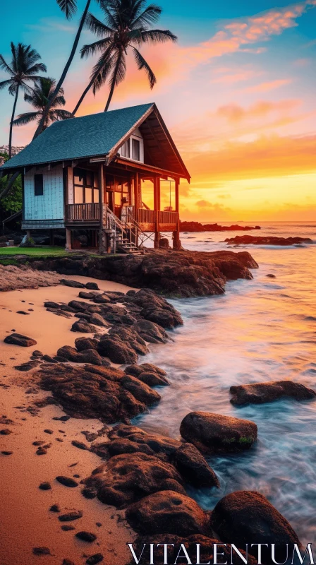 Rustic Charm at Sunset: A Small Hut on the Edge of the Ocean in Hawaii AI Image