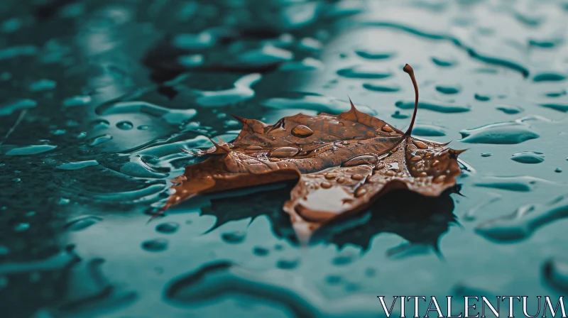 Brown Autumn Leaf on Wet Glass Surface - Captivating Nature Photography AI Image