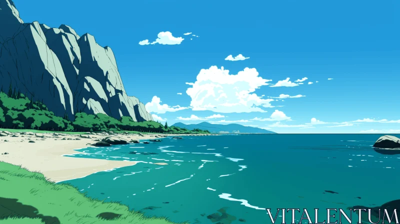 Captivating Sea and Mountain Landscape in Expressive Manga Style AI Image
