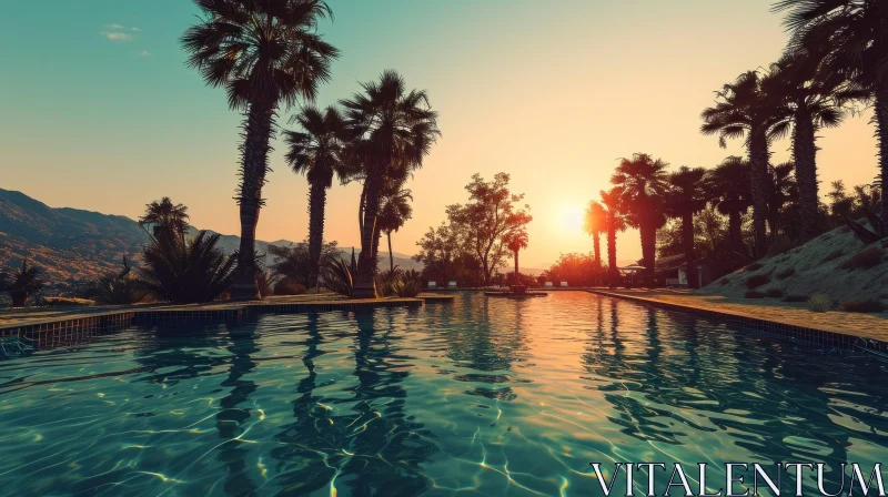 Enchanting Sunset Over a Serene Pool AI Image