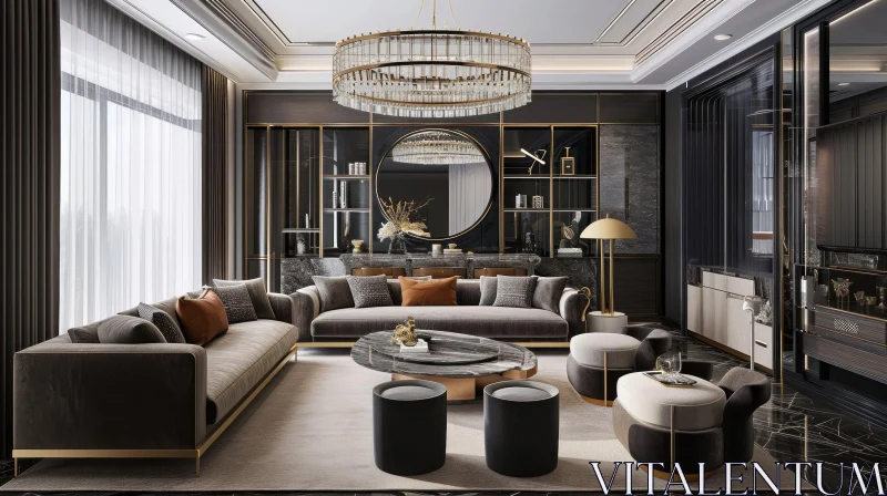Luxurious Living Room with Dark Color Scheme AI Image