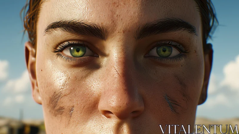 Mesmerizing Close-Up Portrait of a Woman with Green Eyes and Scars AI Image