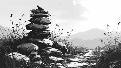 Serenity of a Cairn: Black and White Digital Painting