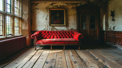 Vintage Room with Red Velvet Sofa and Jesus Painting