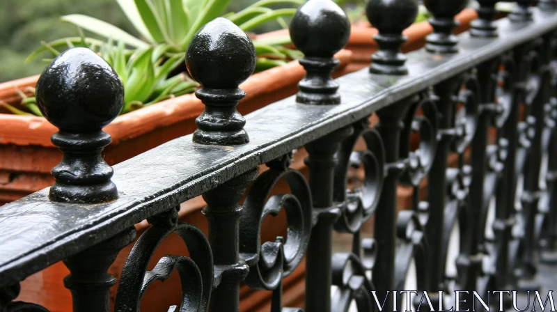 Black Metal Fence with Round Balusters and Decorative Elements on a Terrace AI Image