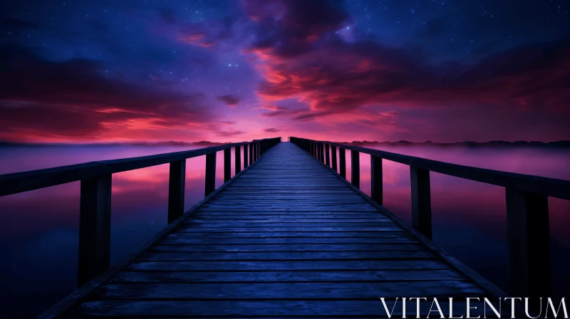 Captivating Wooden Bridge Over Serene Water Under Purple Sky AI Image