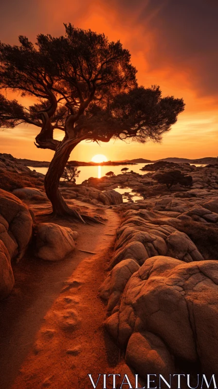 Majestic Tree on Rocky Shore | Romantic Mediterranean Landscapes AI Image