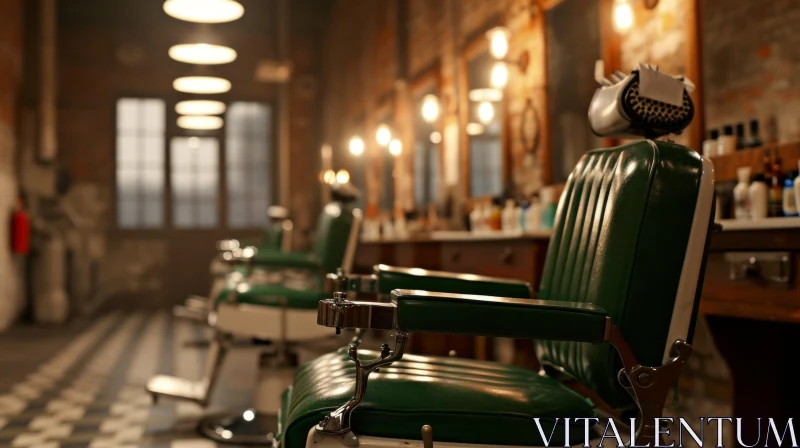 Vintage Barbershop with Green Leather Barber Chairs and Elegant Decor AI Image