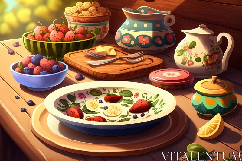 Whimsical Folk-Inspired Kitchen Illustration with Vibrant Fruits AI Image