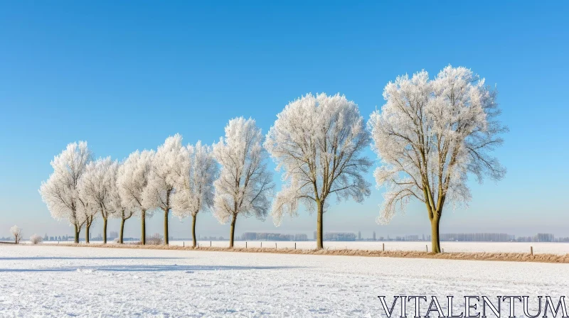 Winter Trees Covered in Frost and Snow Against a Clear Blue Sky AI Image