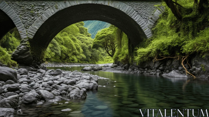 Captivating Forest Landscape with Arched Bridge and Flowing Water AI Image