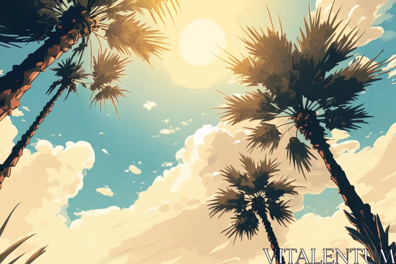 Captivating Palm Trees and Clouds Illustration in Retro Style AI Image
