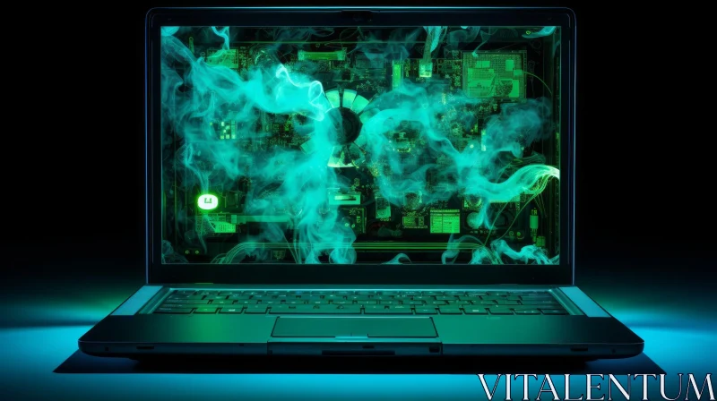 Dark Laptop with Green Circuit Board and Smoke - Futuristic Technology AI Image