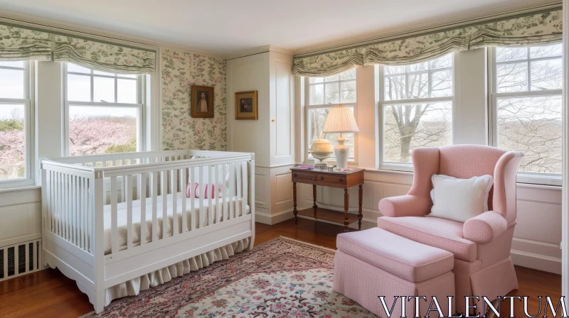 Enchanting Nursery Decor: Floral Wallpaper, Natural Light, and Delicate Accents AI Image