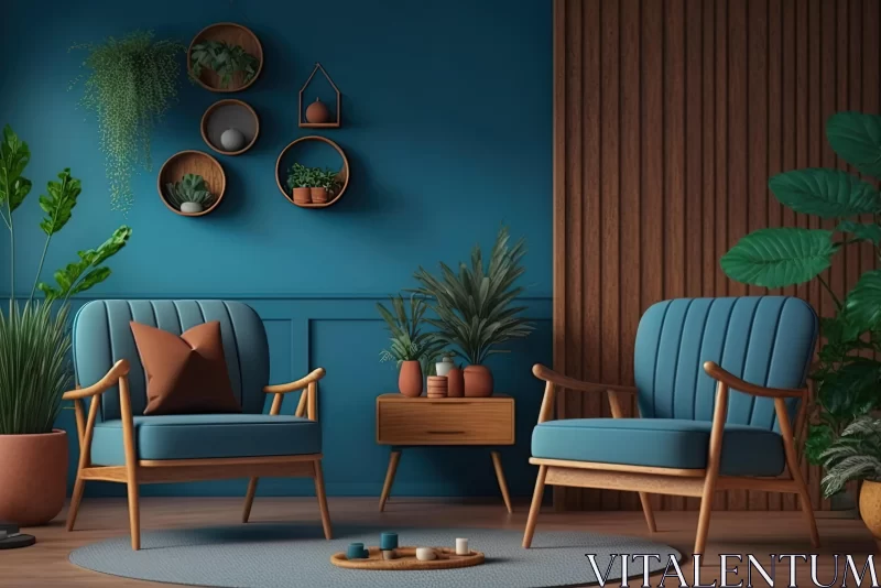 Retro Interior Design Lounge with Blue Walls and Green Plants AI Image