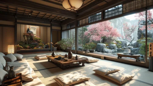 Tranquil Japanese Living Room with Garden View
