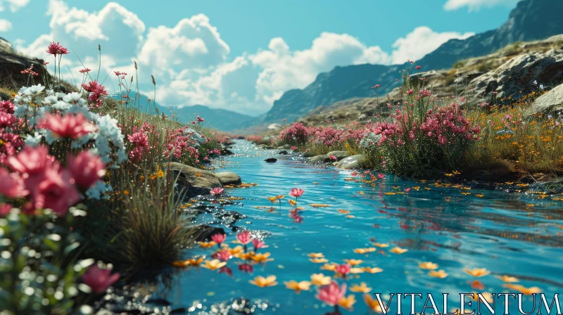 Tranquil Mountain Valley Landscape with River and Flowers AI Image