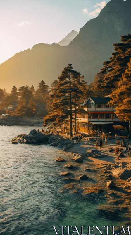 Twilight Serenity: Enchanting Taiwan Bay House Amidst Rocky Mountains AI Image