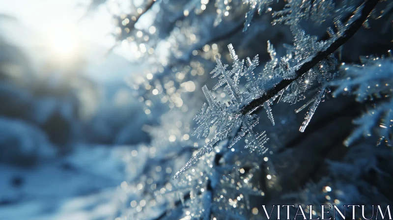 Winter's Beauty: Delicate Frost and Snow Crystals on a Tree Branch AI Image