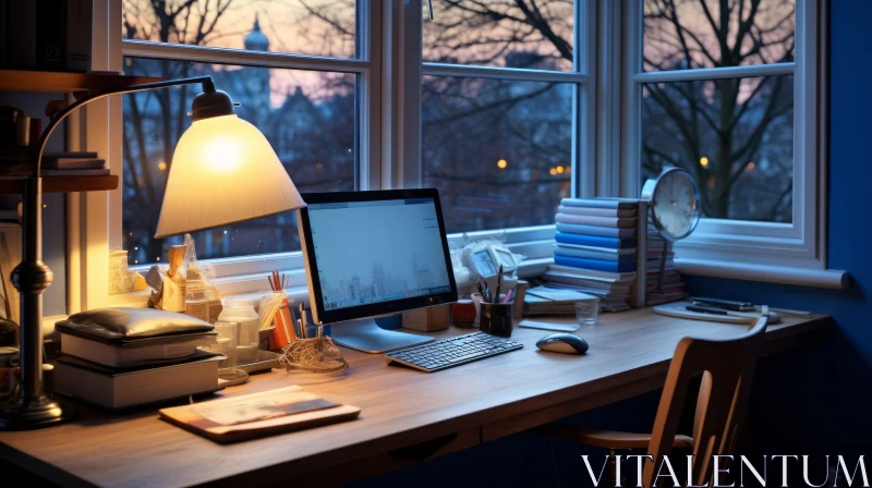 Cozy Evening Home Office with City View AI Image