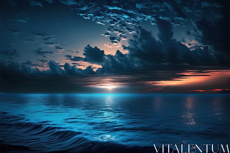 Dark and Moody Landscape: Blue Ocean at Sunset AI Image