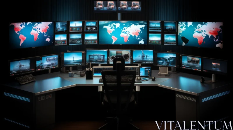 Dark Control Room Interior with Multiple Monitors and Desk AI Image