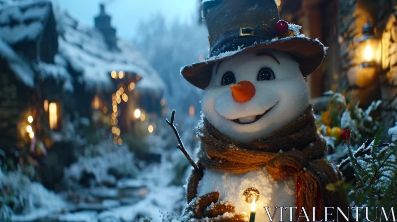 Enchanting Snowman in a Winter Village AI Image