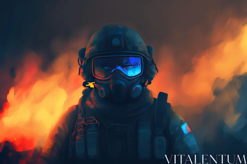 Fiery Encounter: A Captivating Speedpainting of a Gas Masked Soldier AI Image