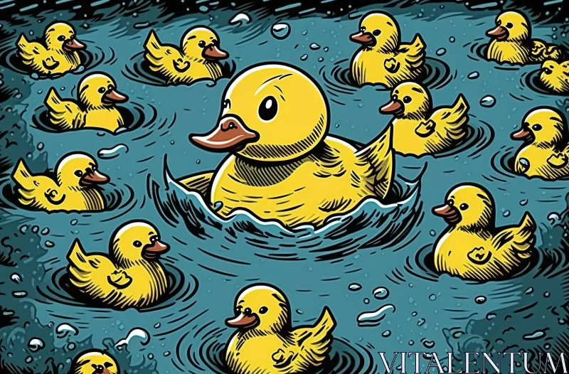 Playful Duck and Baby Ducks in Dark Water - Artwork AI Image