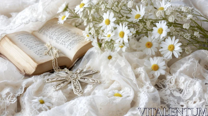 Still Life Photography: Book, Crucifix, and Daisy Bouquet on White Lace Tablecloth AI Image