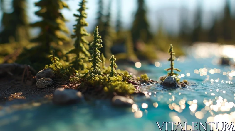 A Serene Close-Up of a Lush Island in a Gentle River AI Image