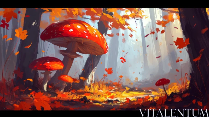 Captivating Autumn Forest: Majestic Trees, Vibrant Leaves, and Realistic Mushrooms AI Image