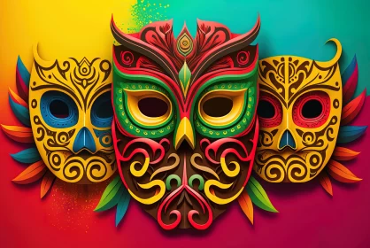Captivating Colorful Masks: A Fusion of Spray Painted Realism and Mythical Symbolism