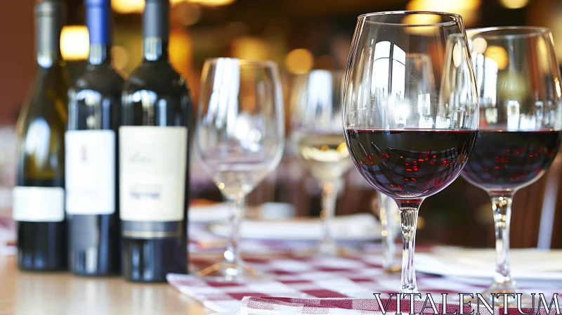 Elegant Restaurant Scene: Three Glasses of Red Wine on a Table AI Image