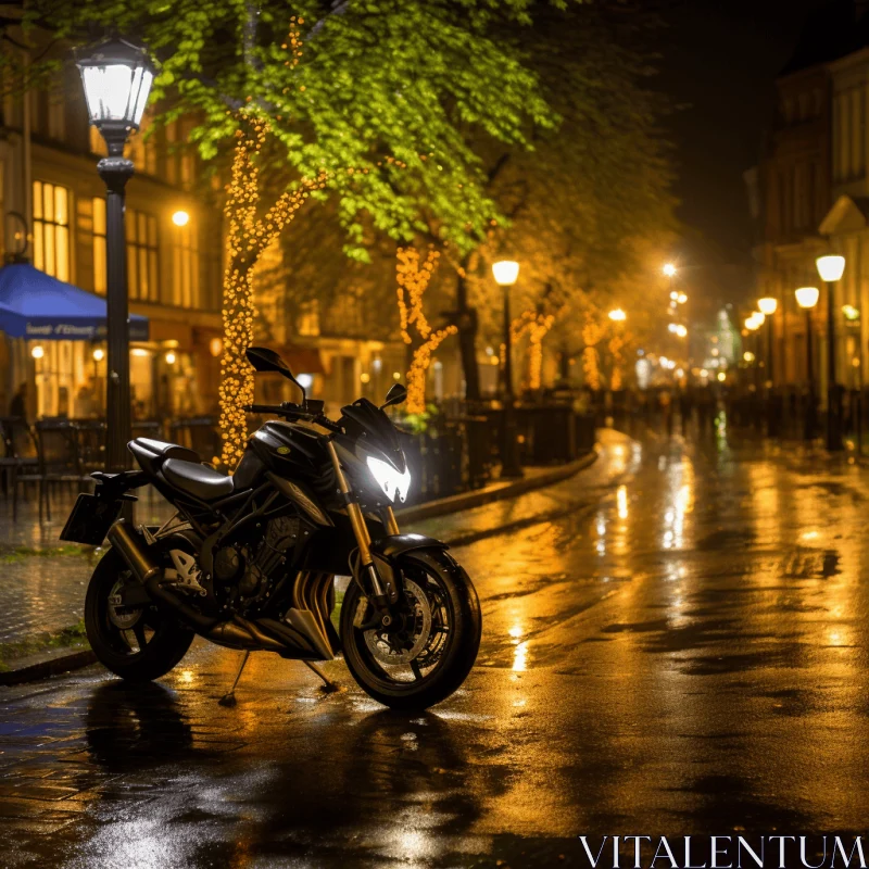 Motorcycle Parked on Wet Street | Atmospheric Lighting AI Image