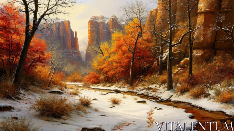 Serene Autumn Landscape: Vibrant Foliage, Snow, River, Mountain AI Image