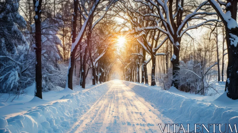 Serene Winter Landscape with Snow-Covered Trees and Bright Sun AI Image