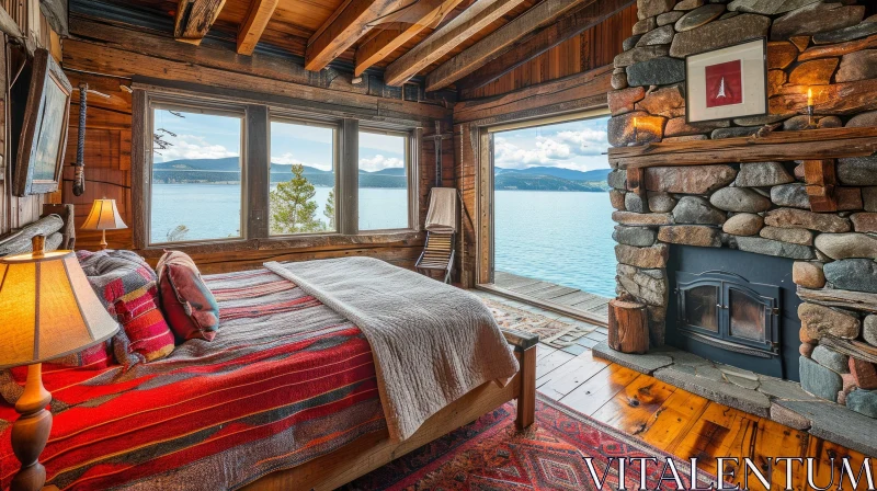 Cozy Rustic Bedroom with Lake View AI Image