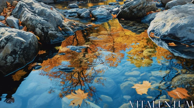 Enchanting Autumn Reflection: Moss-Covered Rock and Crystal-Clear Water AI Image