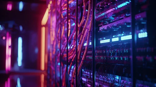 Futuristic Server Room with Pink and Blue Lights