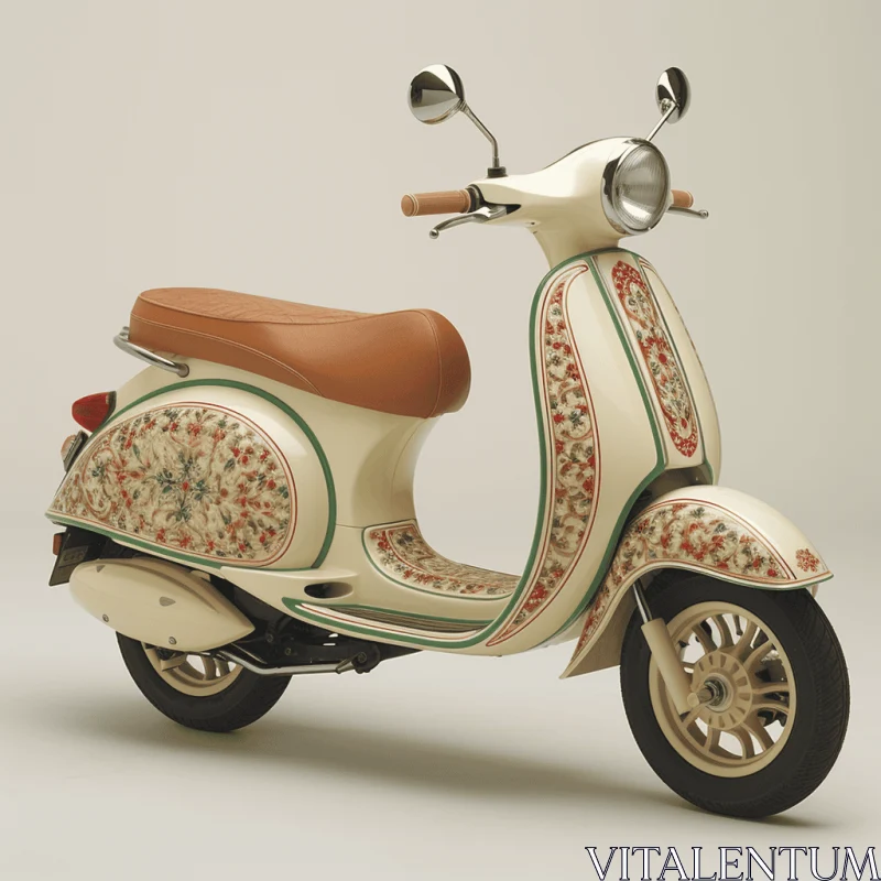 AI ART Intricate Floral Motorbike Design - White with Light Brown and Green Patterns
