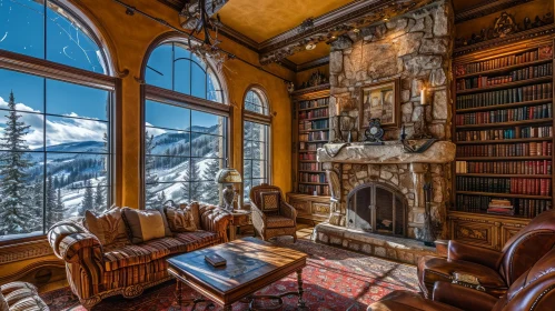 Rustic Living Room with Fireplace and Mountain View