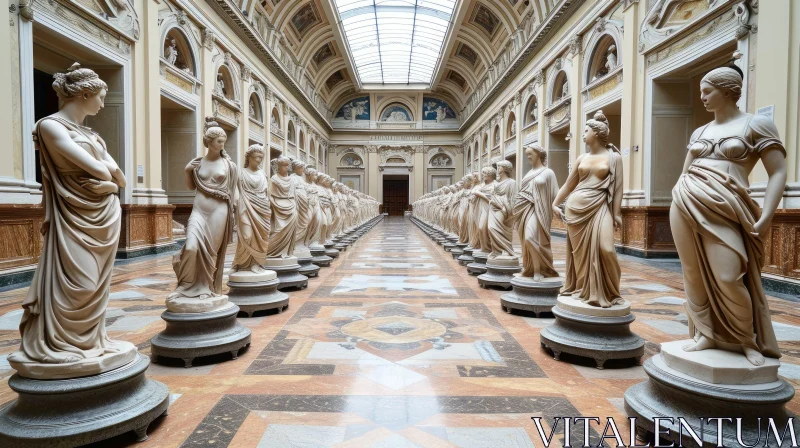 Captivating Long Gallery with Marble Floor and Classical Statues AI Image