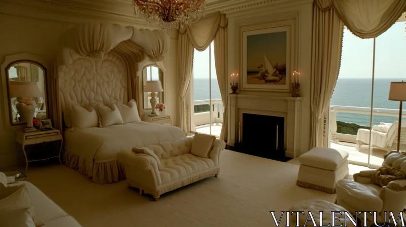 Luxurious Bedroom with Tufted Headboard and Ocean View AI Image
